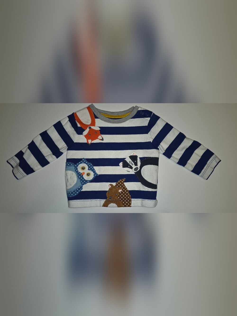 Baby Boden Navy Blue & White Striped Long Sleeve Tee with Woodland Appliqués 0-3